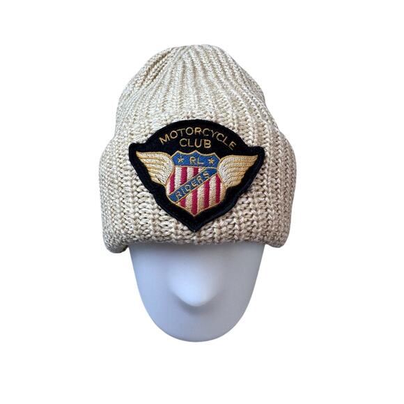 Unisex Motorcycle Riders Patch Beanie Chunky Knit Tan Winter Hat Cuff Style - Picture 1 of 4